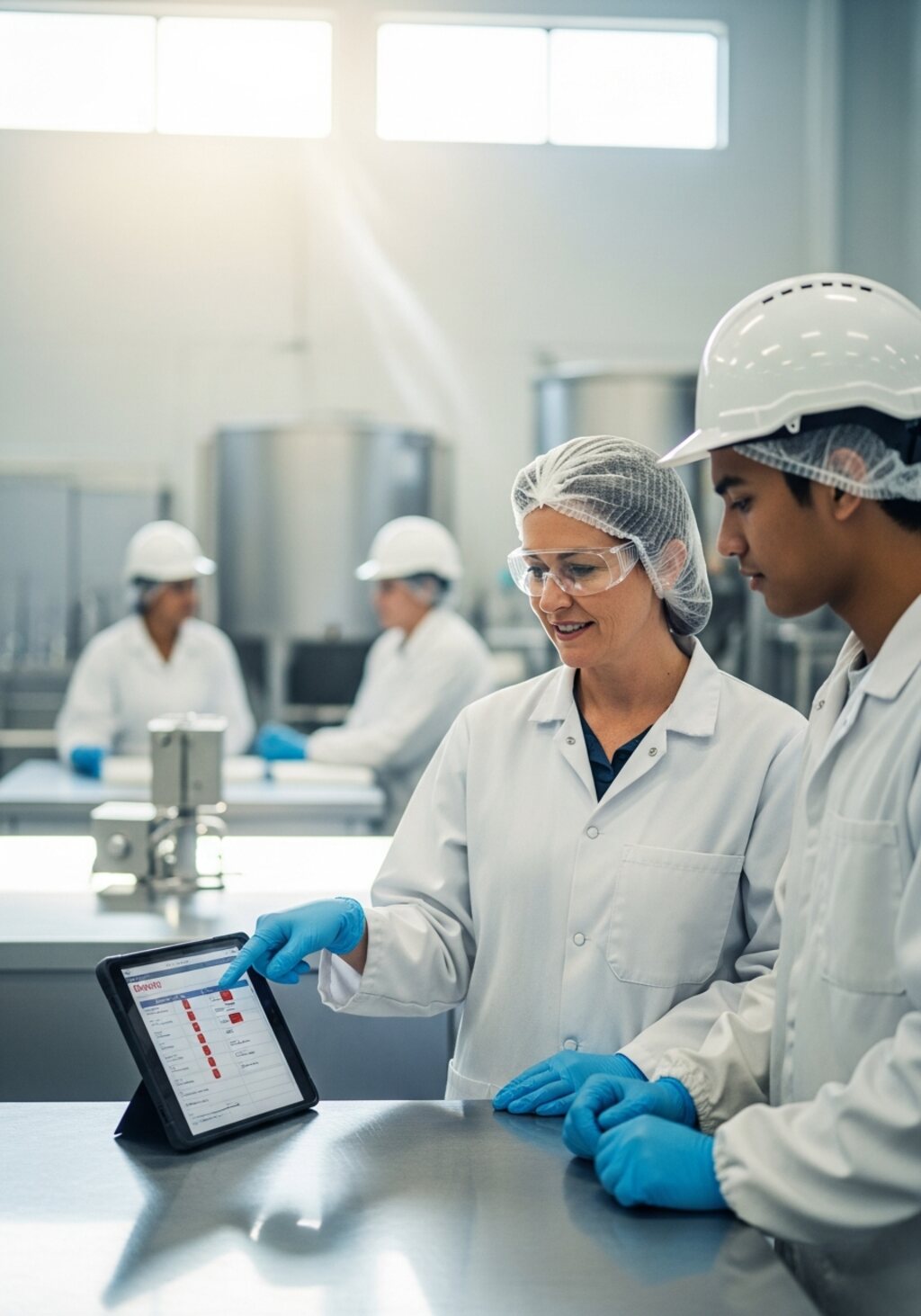 A Meat Industry Training trainer guiding a trainee through a quality checklist in a clean, modern Australian meat processing facility