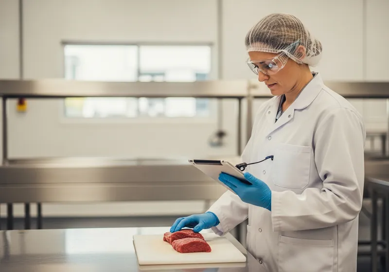 A meat safety inspector checking a quality-control tablet at a clean stainless-steel inspection station