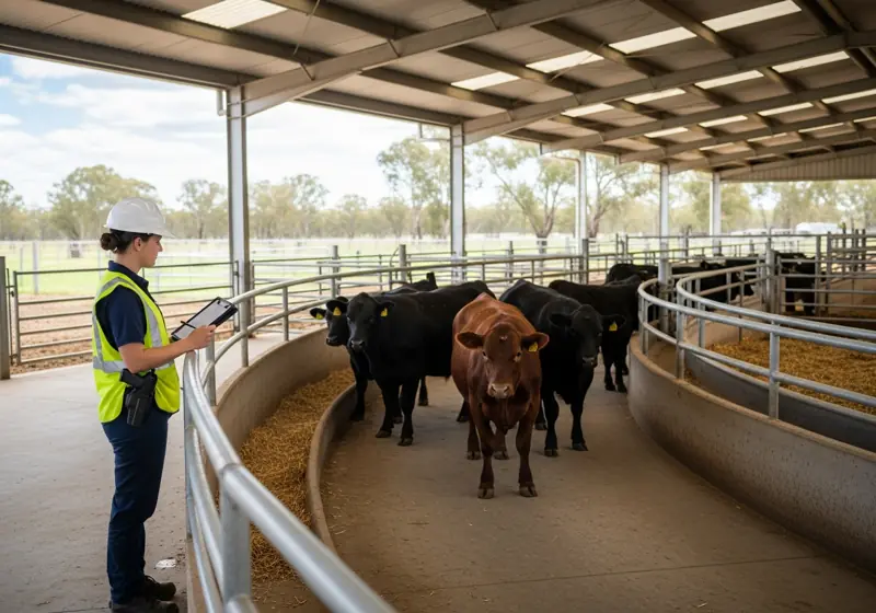An animal welfare officer with a clipboard observing calm cattle in a clean, well-designed curved holding race at an Australian livestock facility